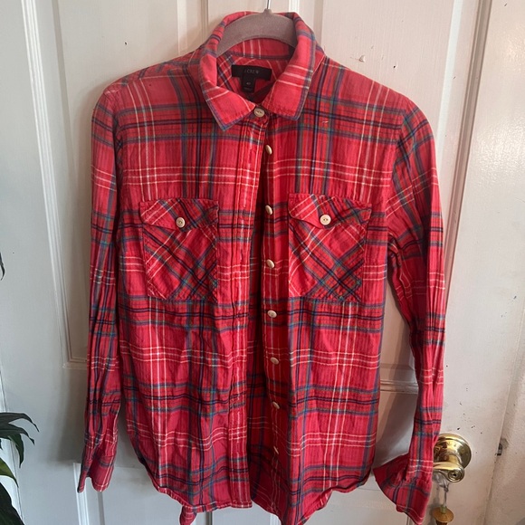 J.Crew button-down flannel red plaid shirt, size 4P, coastal cowgirl style - Picture 1 of 4